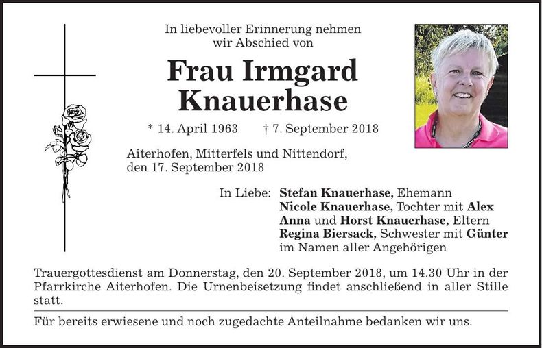Traueranzeige Irmgard Knauerhase
