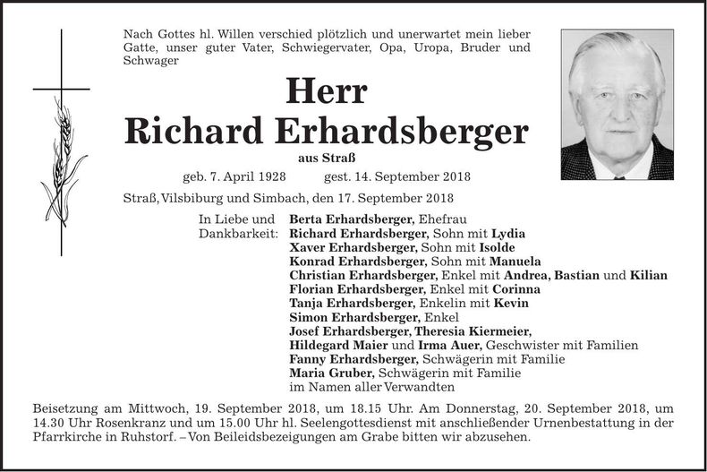 Traueranzeige Richard Erhardsberger