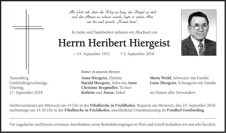Traueranzeige Heribert Hiergeist