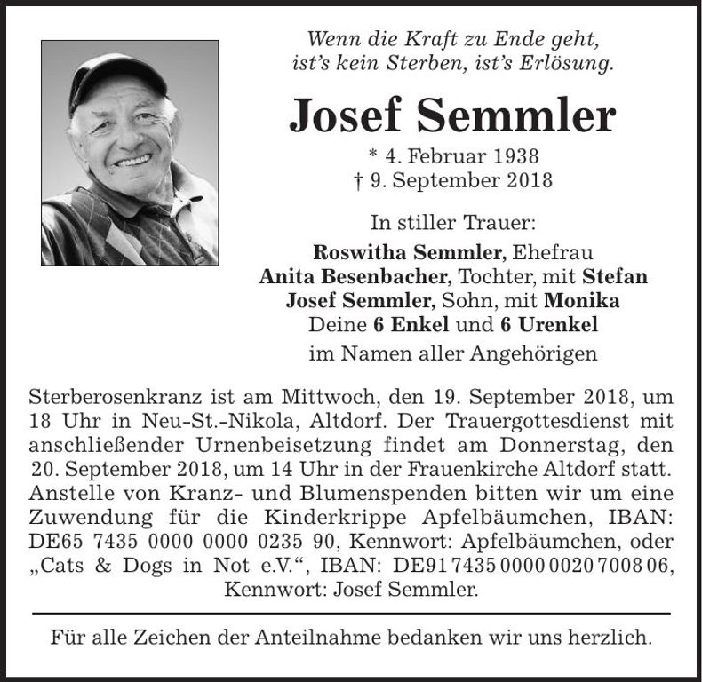 Traueranzeige Josef Semmler