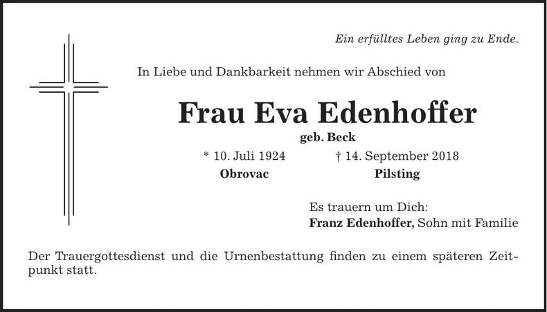 Traueranzeige Eva Edenhoffer