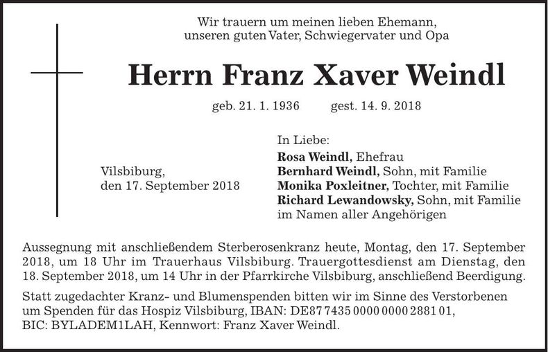 Traueranzeige Franz Xaver Weindl