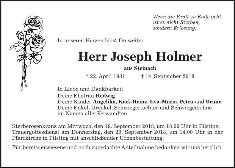 Traueranzeige Joseph Holmer
