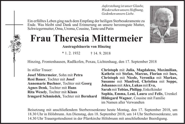 Traueranzeige Theresia Mittermeier