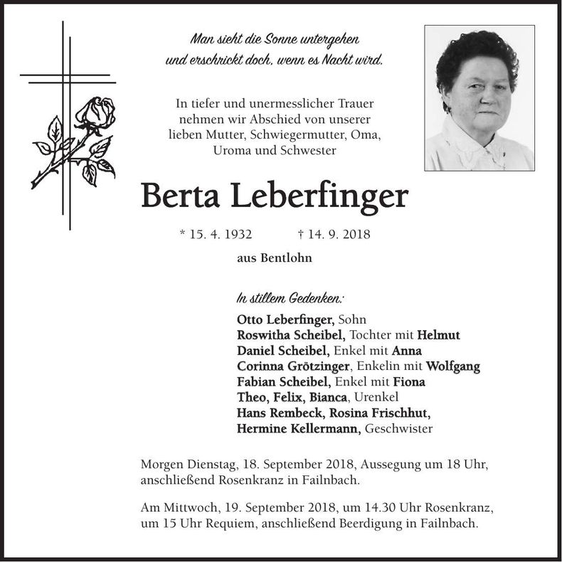 Traueranzeige Berta Leberfinger