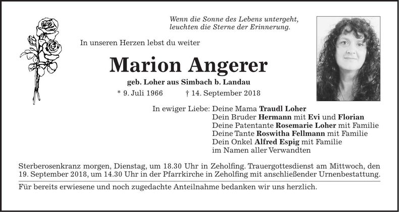 Traueranzeige Marion Angerer