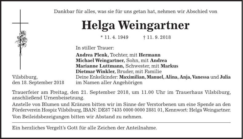 Traueranzeige Helga Weingartner