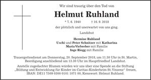 Traueranzeige Helmut Ruhland