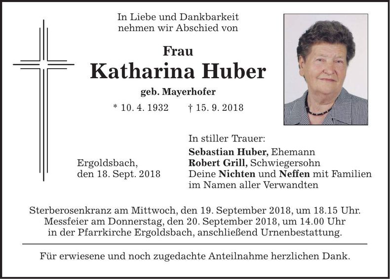 Traueranzeige Katharina Huber