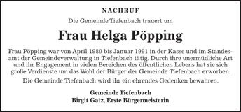 Traueranzeige Helga Pöpping