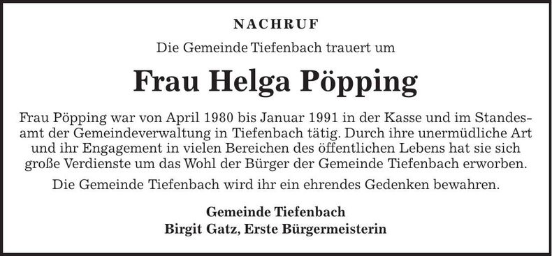 Traueranzeige Helga Pöpping