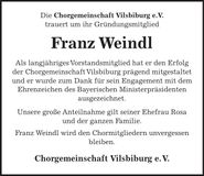 Traueranzeige Franz Weindl