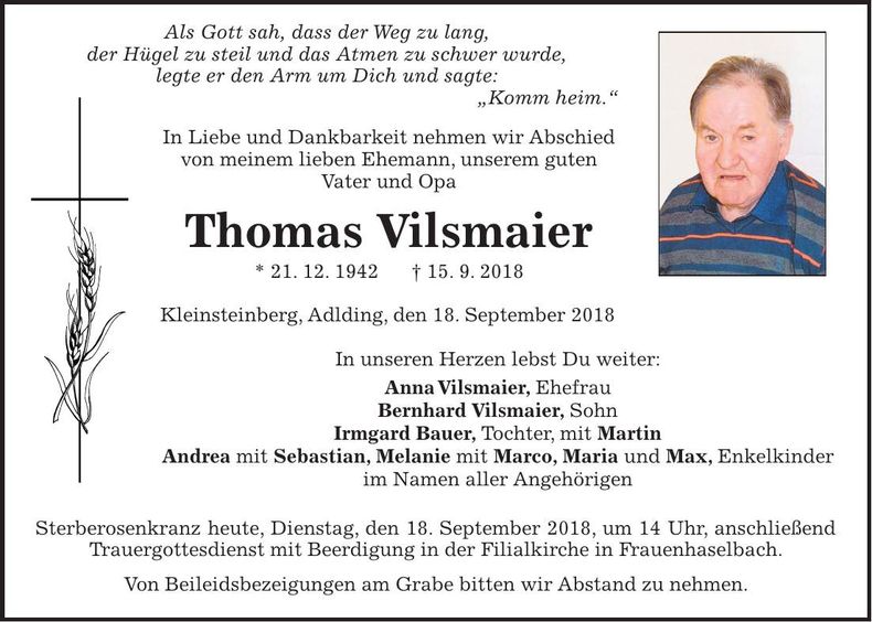 Traueranzeige Thomas Vilsmaier