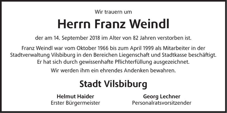 Traueranzeige Franz Weindl