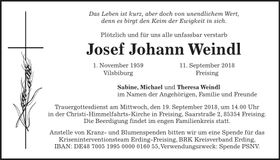 Traueranzeige Josef Johann Weindl