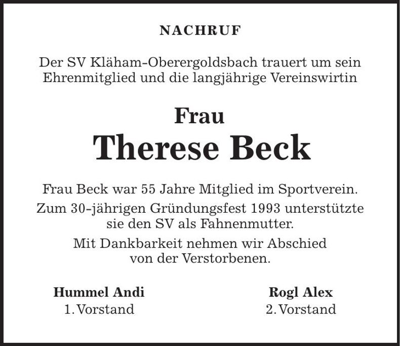 Traueranzeige Therese Beck