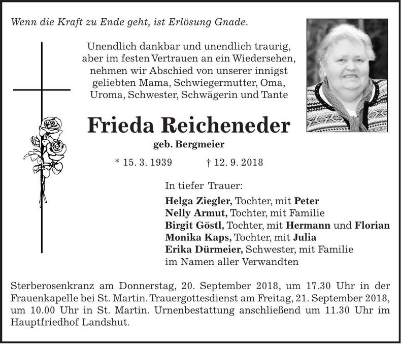 Traueranzeige Frieda Reicheneder