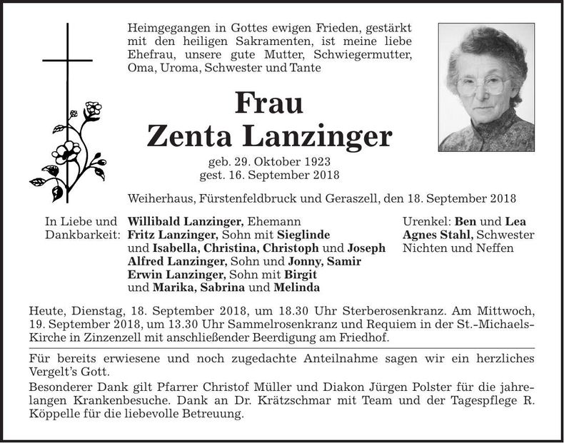 Traueranzeige Zenta Lanzinger