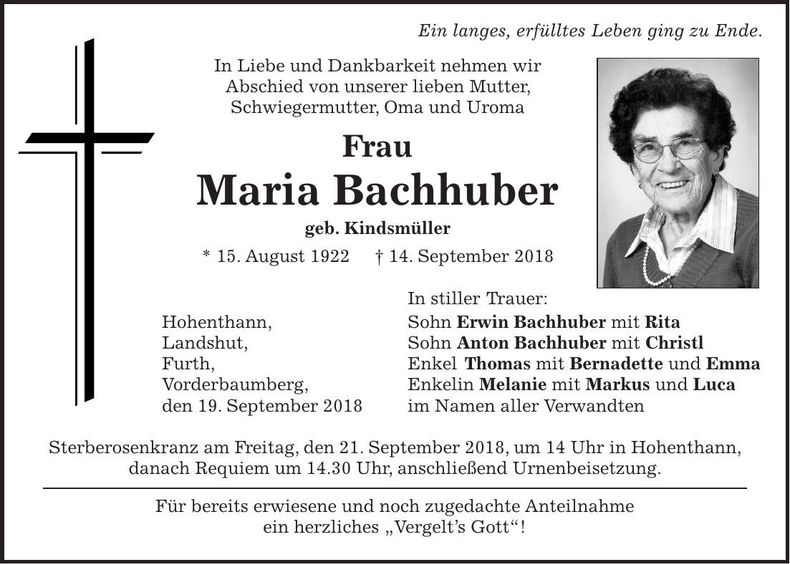 Traueranzeige Maria Bachhuber