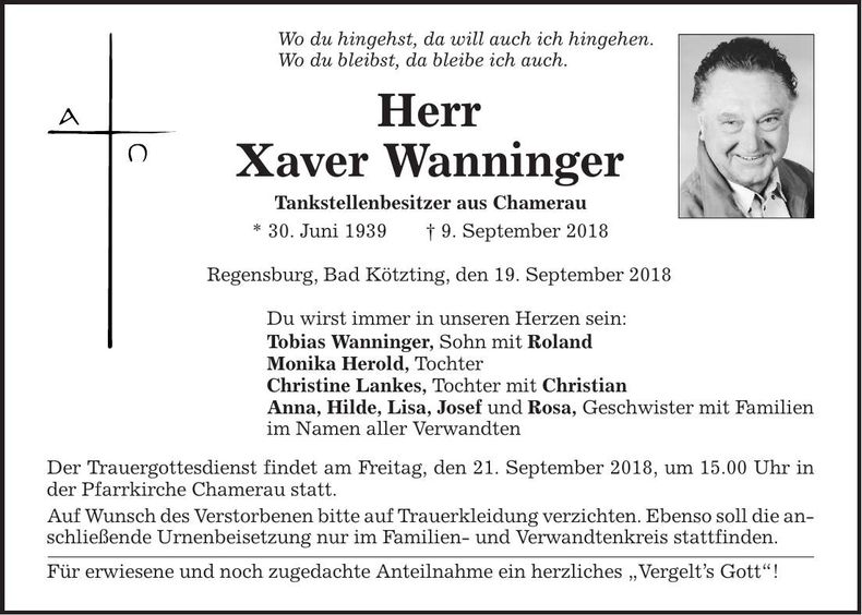 Traueranzeige Xaver Wanninger