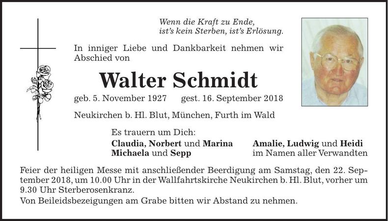 Traueranzeige Walter Schmidt