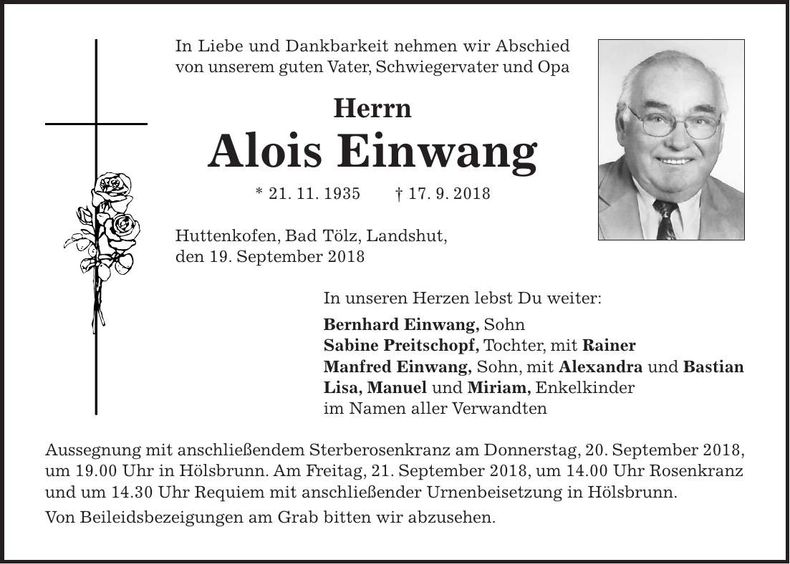 Traueranzeige Alois Einwang