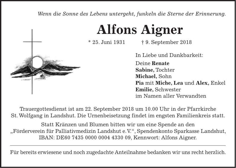 Traueranzeige Alfons Aigner