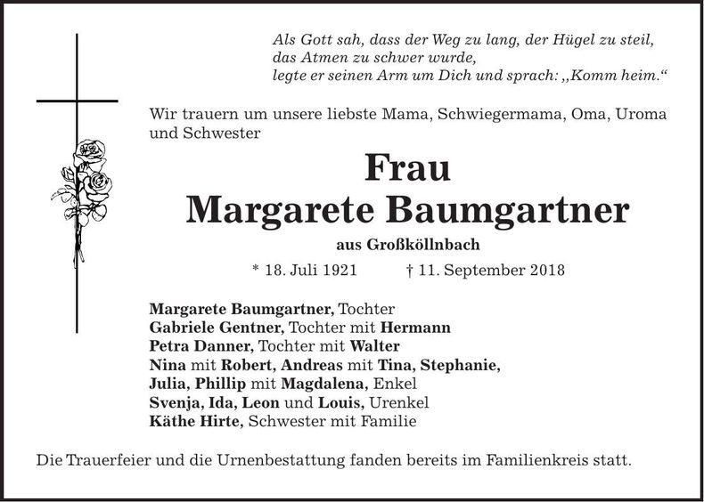 Traueranzeige Margarete Baumgartner