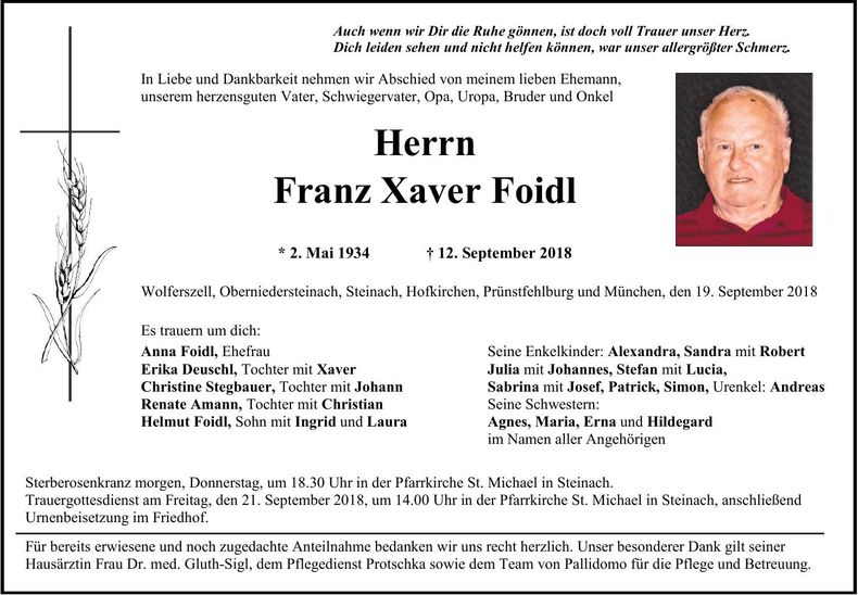 Traueranzeige Franz-Xaver Foidl