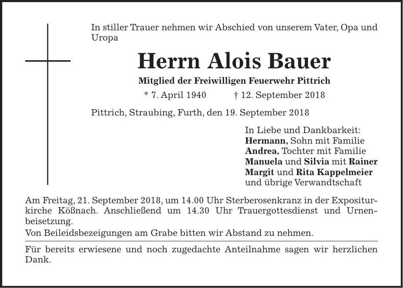 Traueranzeige Alois Bauer