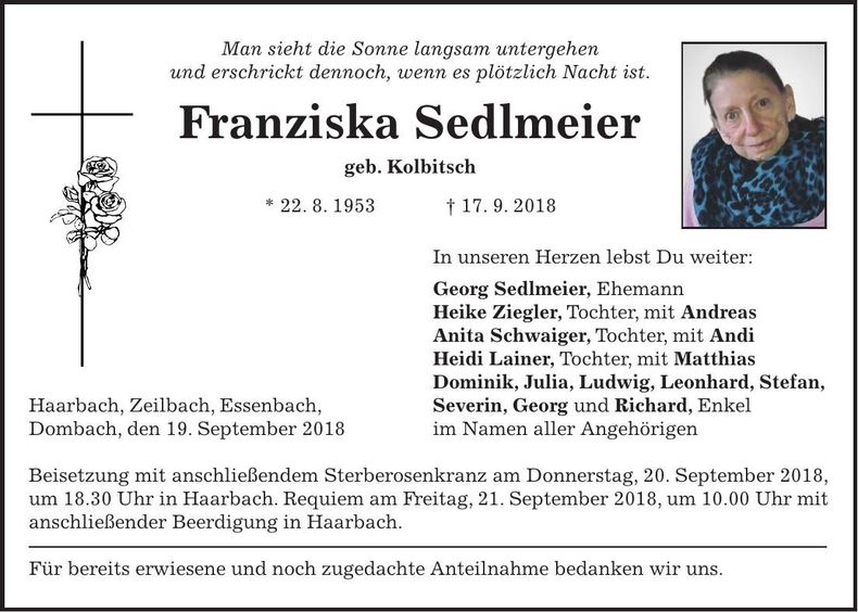 Traueranzeige Franziska Sedlmeier