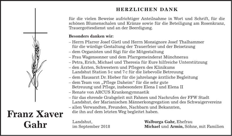 Traueranzeige Franz Xaver Gahr