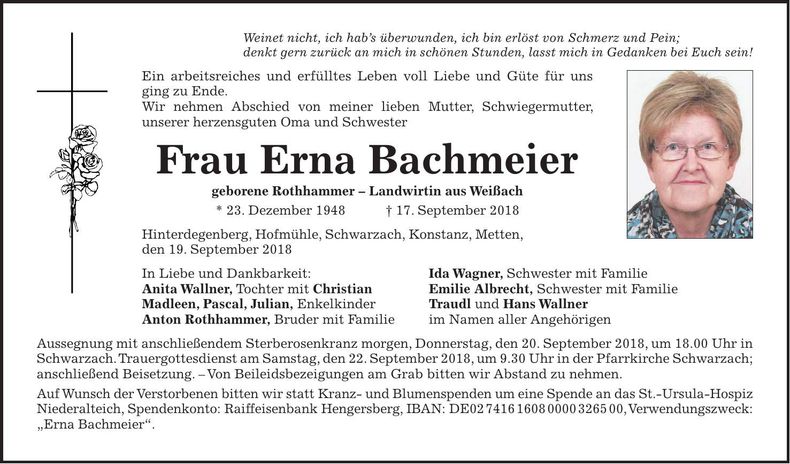 Traueranzeige Erna Bachmeier