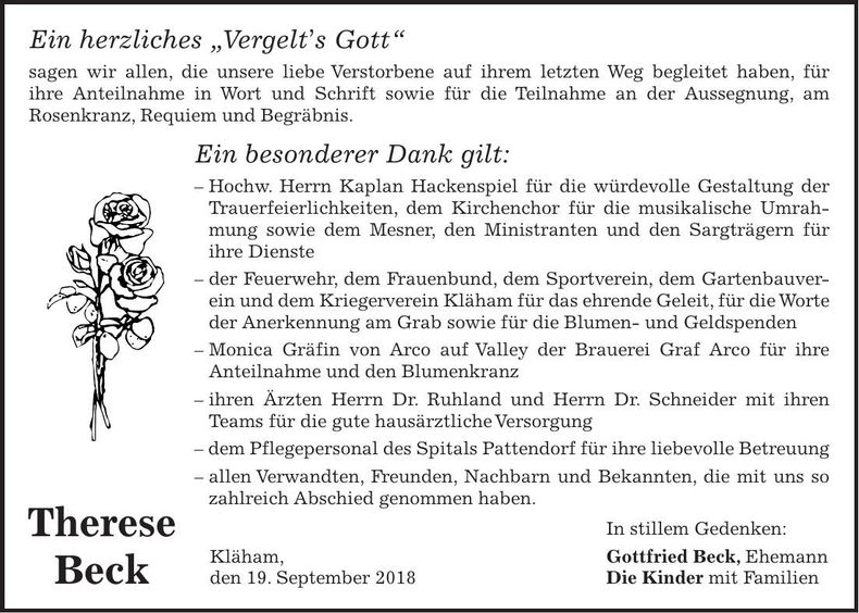 Traueranzeige Therese Beck