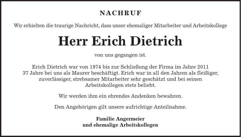 Traueranzeige Erich Dietrich