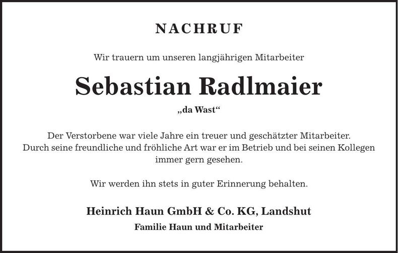 Traueranzeige Sebastian Radlmaier