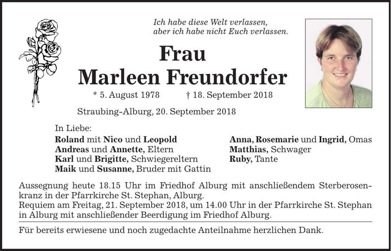 Traueranzeige Marleen Freundorfer