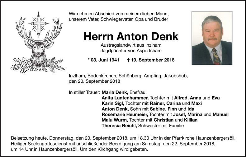 Traueranzeige Anton Denk