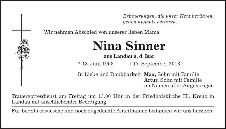 Traueranzeige Nina Sinner