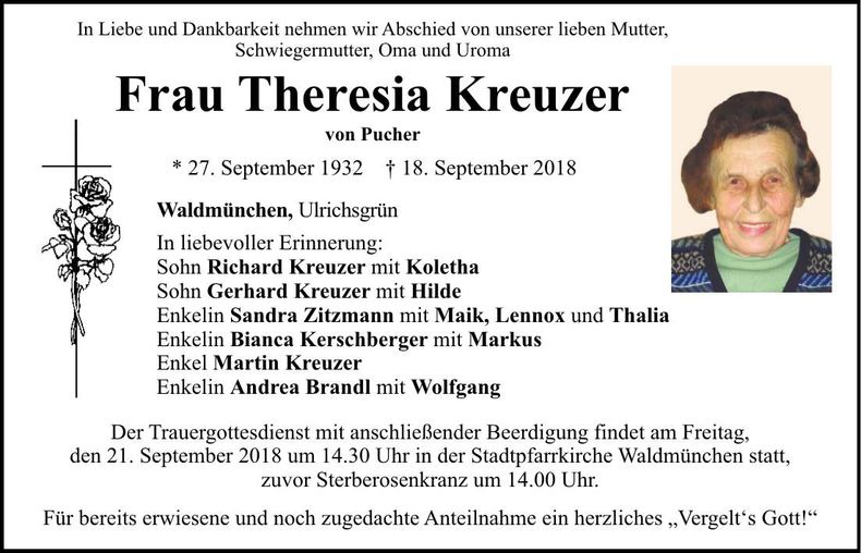 Traueranzeige Theresia Kreuzer
