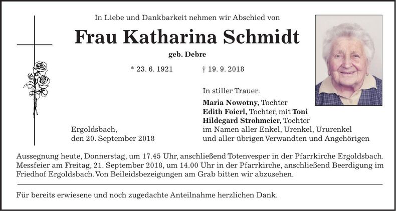 Traueranzeige Katharina Schmidt