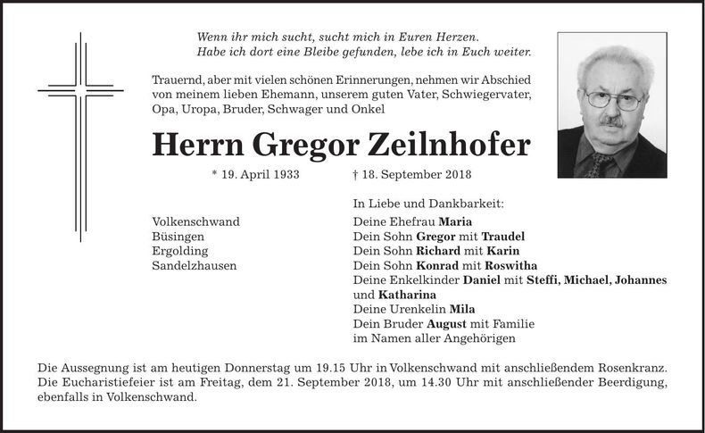 Traueranzeige Gregor Zeilnhofer
