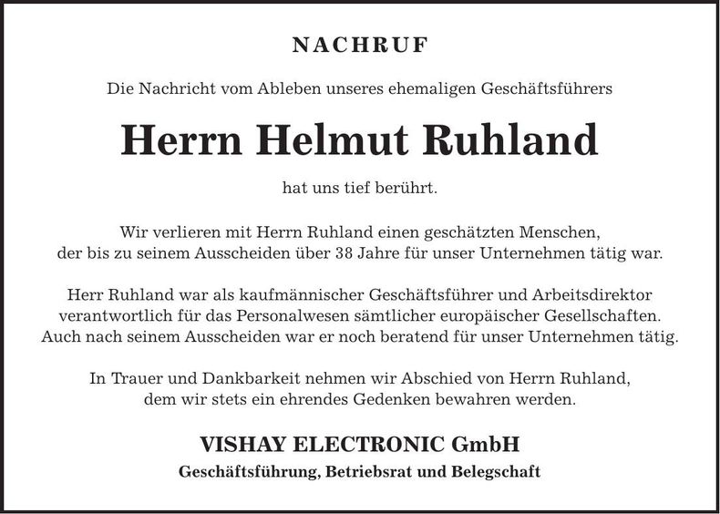 Traueranzeige Helmut Ruhland