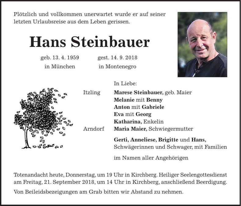 Traueranzeige Hans Steinbauer