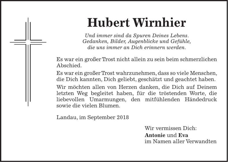 Traueranzeige Hubert Wirnhier