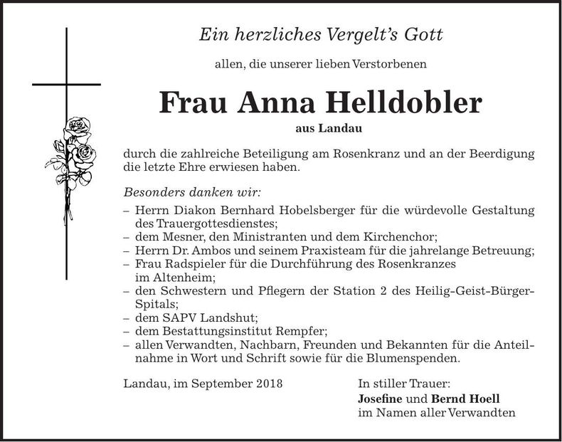 Traueranzeige Anna Helldobler