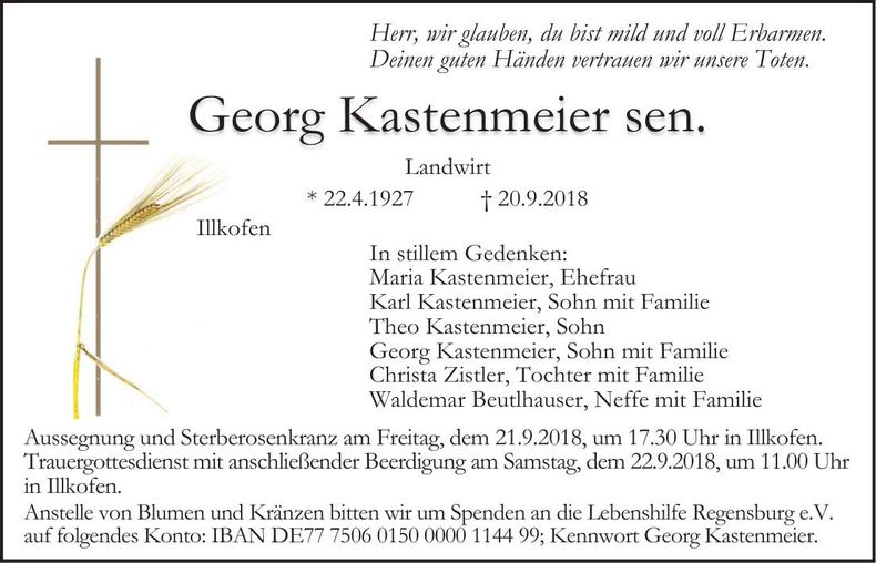 Traueranzeige Georg Kastenmeier
