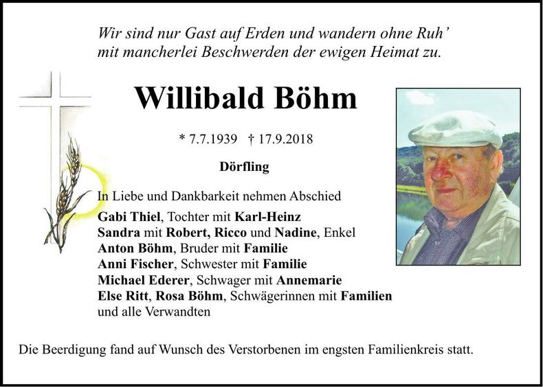 Traueranzeige Willibald Böhm