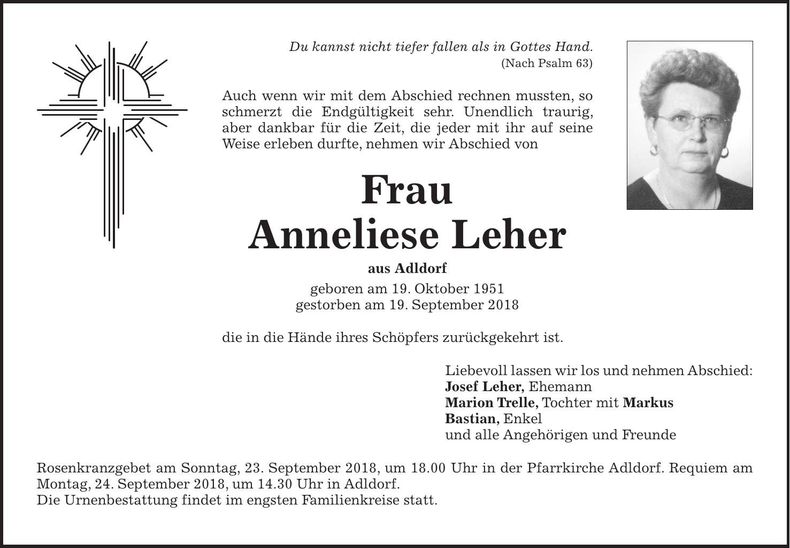 Traueranzeige Anneliese Leher