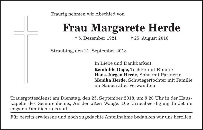 Traueranzeige Margarete Herde
